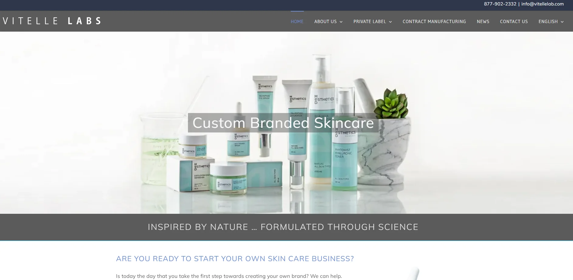 A collection of custom branded skincare products with green and white packaging displayed alongside a marble pot with a succulent plant.